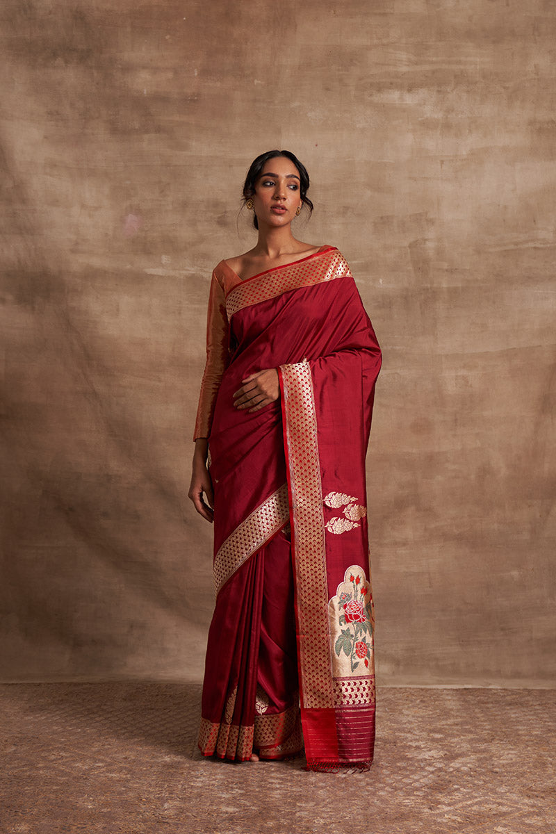 Laal Rose Butta Zari Pure Silk saree