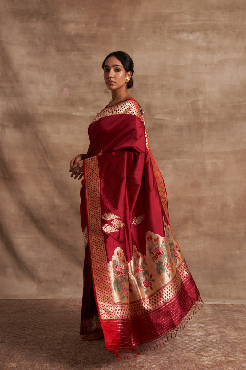 Laal Rose Butta Zari Pure Silk saree