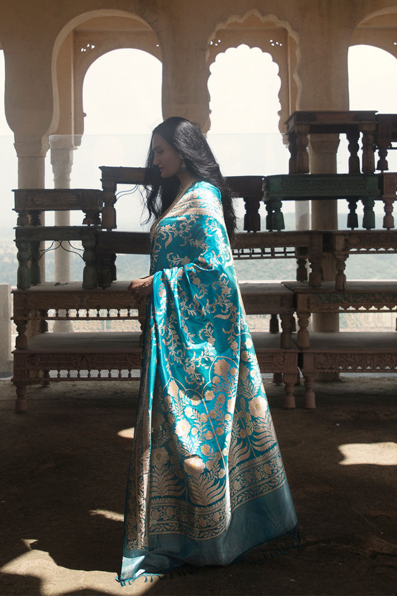 Firozi Jangla Zari Pure Silk saree