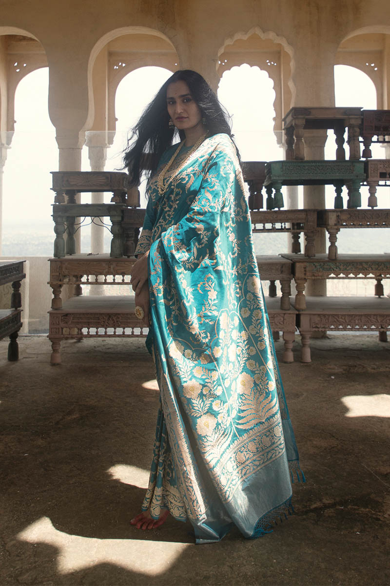 Firozi Jangla Zari Pure Silk saree