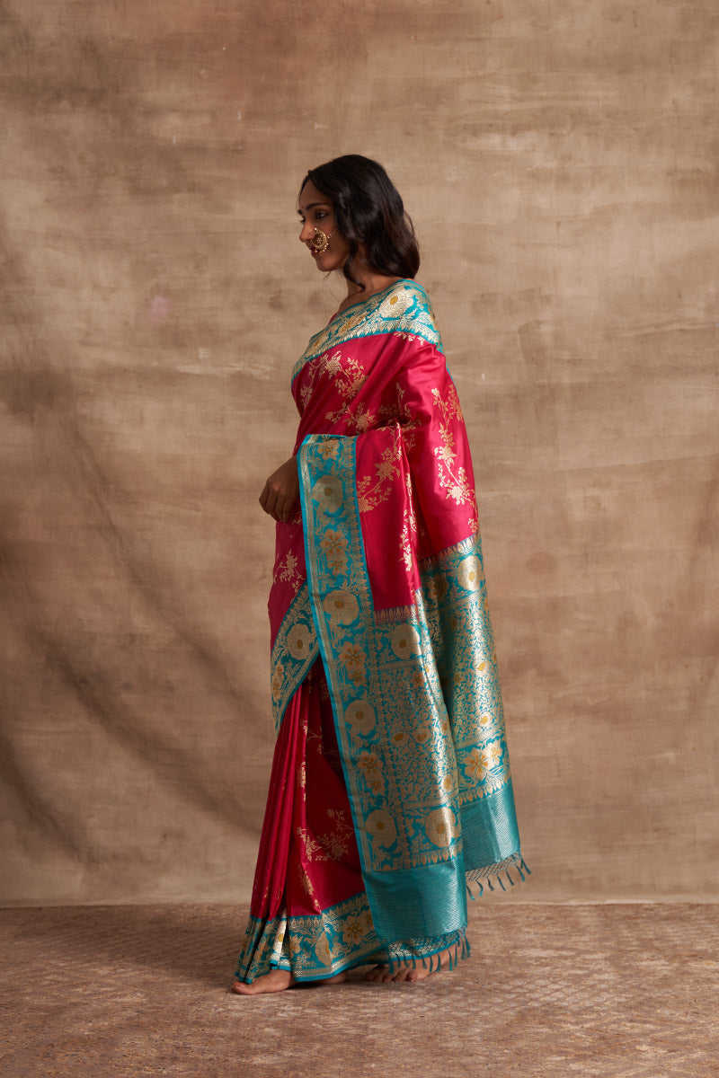 Rani Jangla Firozi Kadiyal Zari Pure Silk saree