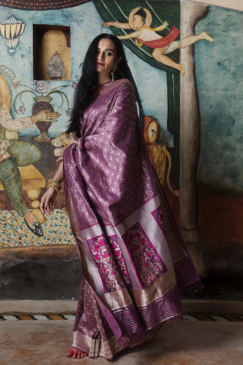 Baigani Geometric Zari Pure Silk saree