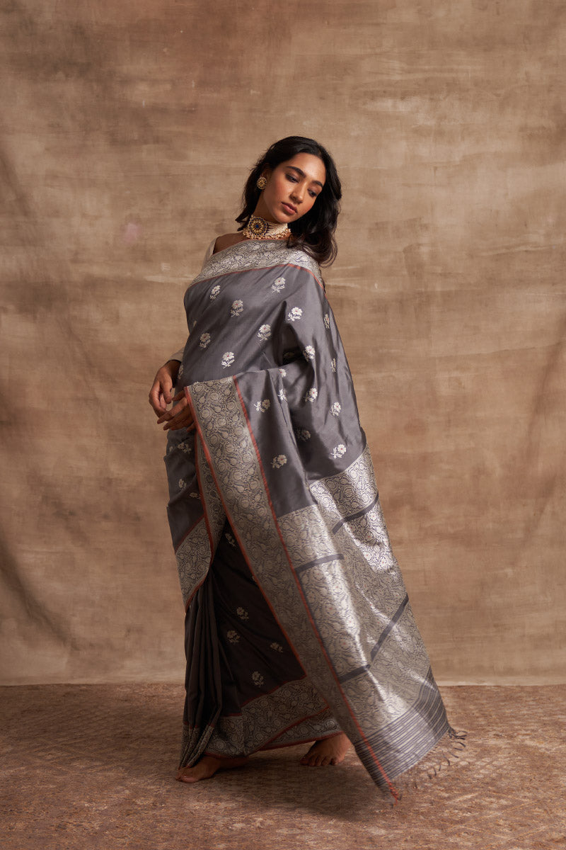 Slaty Buttedar Zari Pure Silk saree