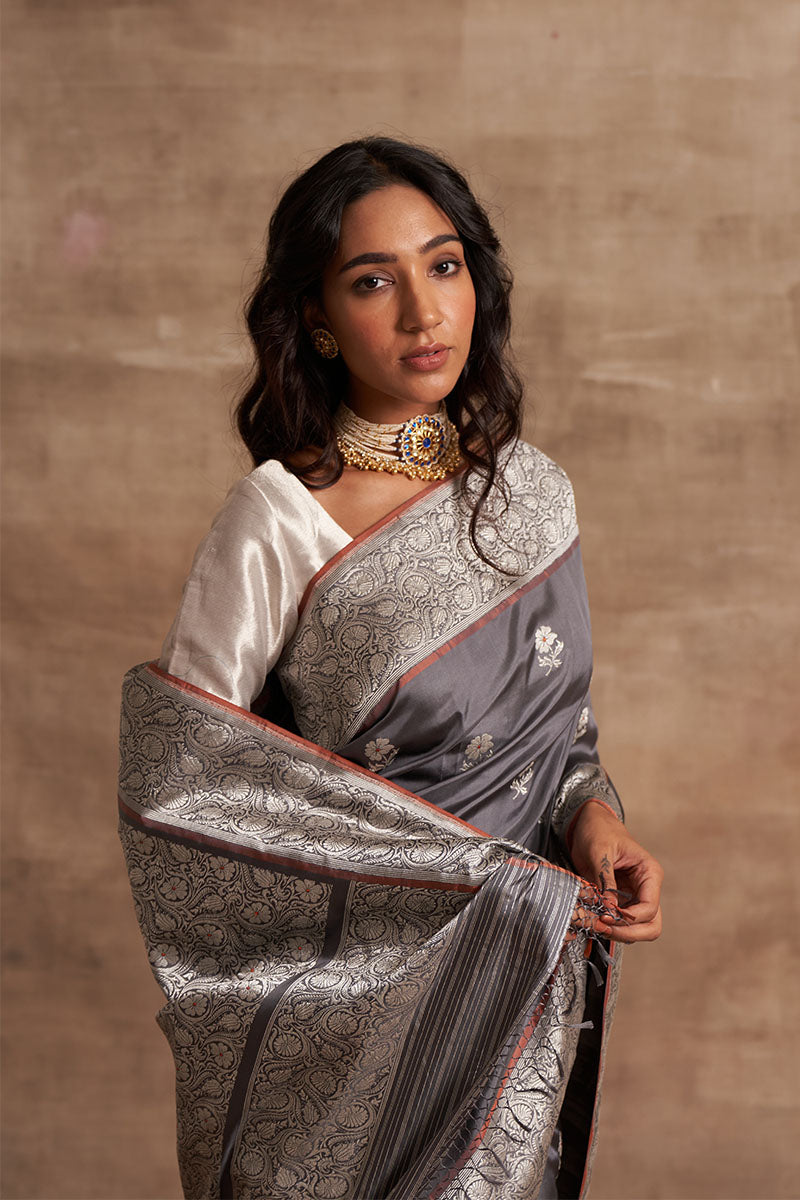 Slaty Buttedar Zari Pure Silk saree