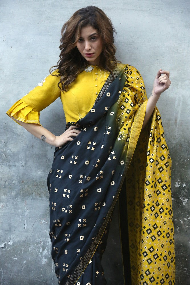 black & mustard saree set