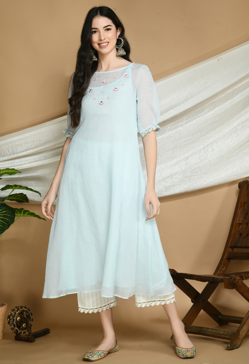 powder Blue Kota Doria Kurta