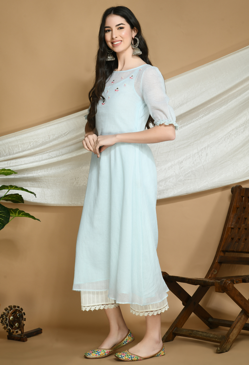 powder Blue Kota Doria Kurta