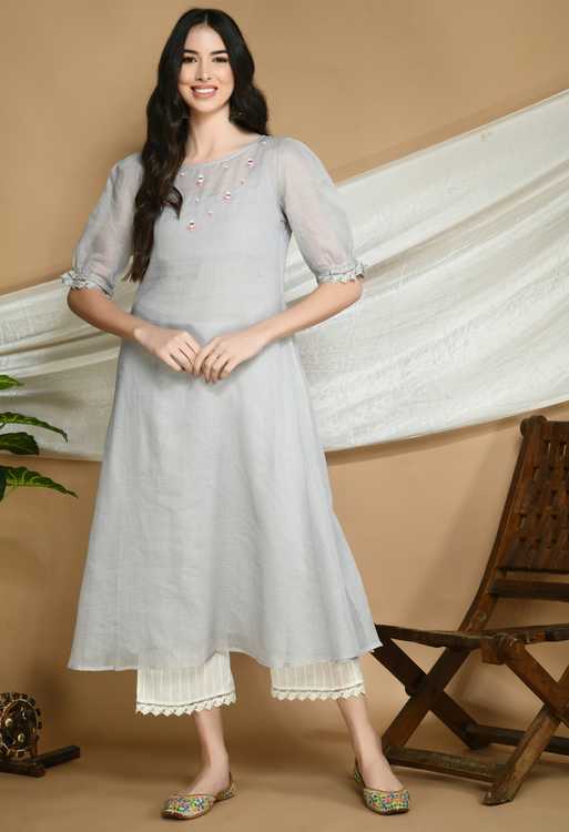 Slate Grey Kota Doria Kurta