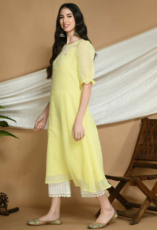 Yellow Kota Doria Kurta