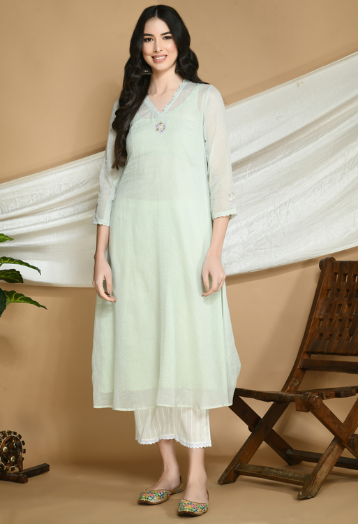 Powder Green Kota Doria Kurta