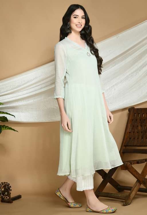 Powder Green Kota Doria Kurta