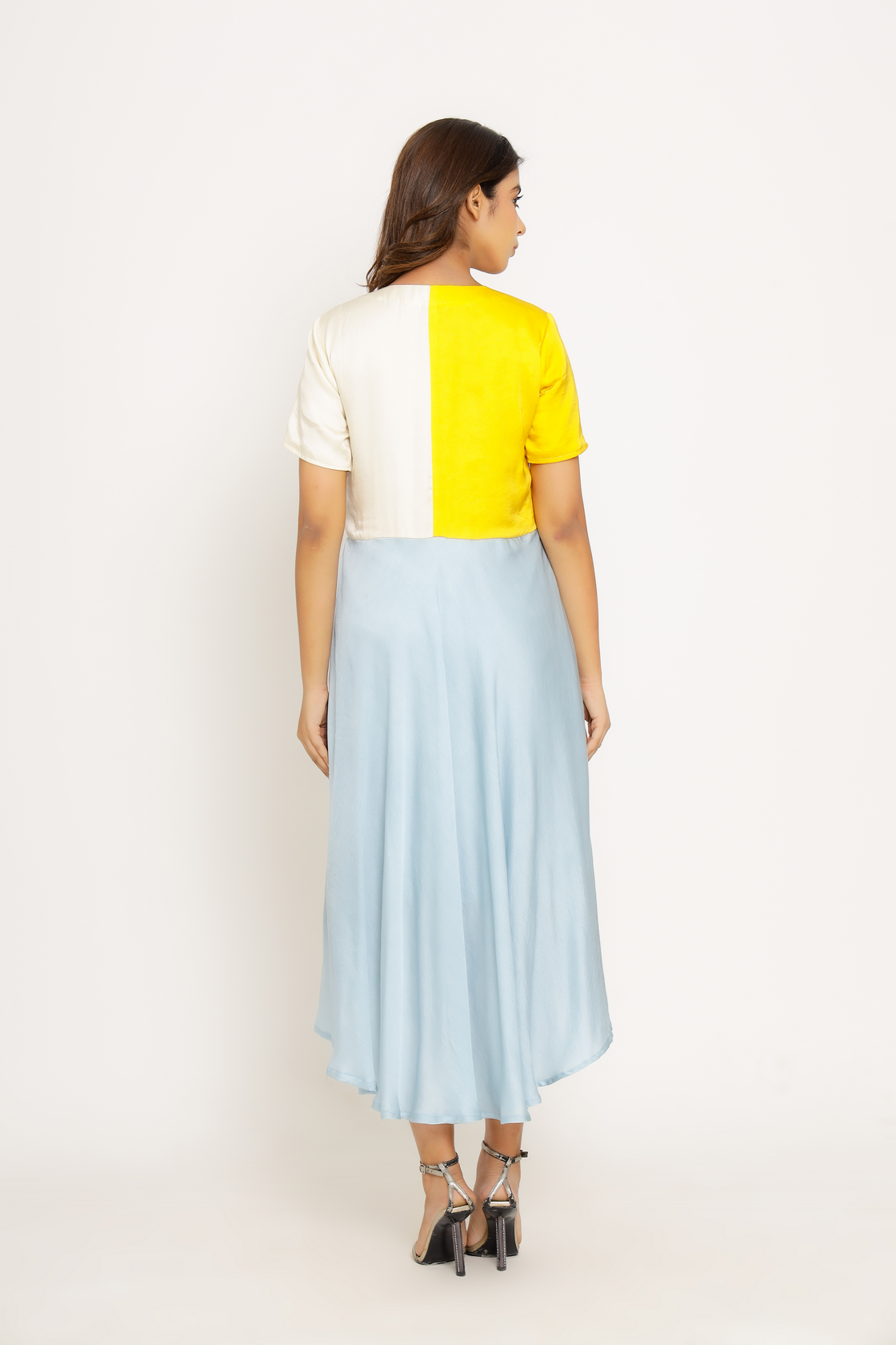 blue and yellow midi dress