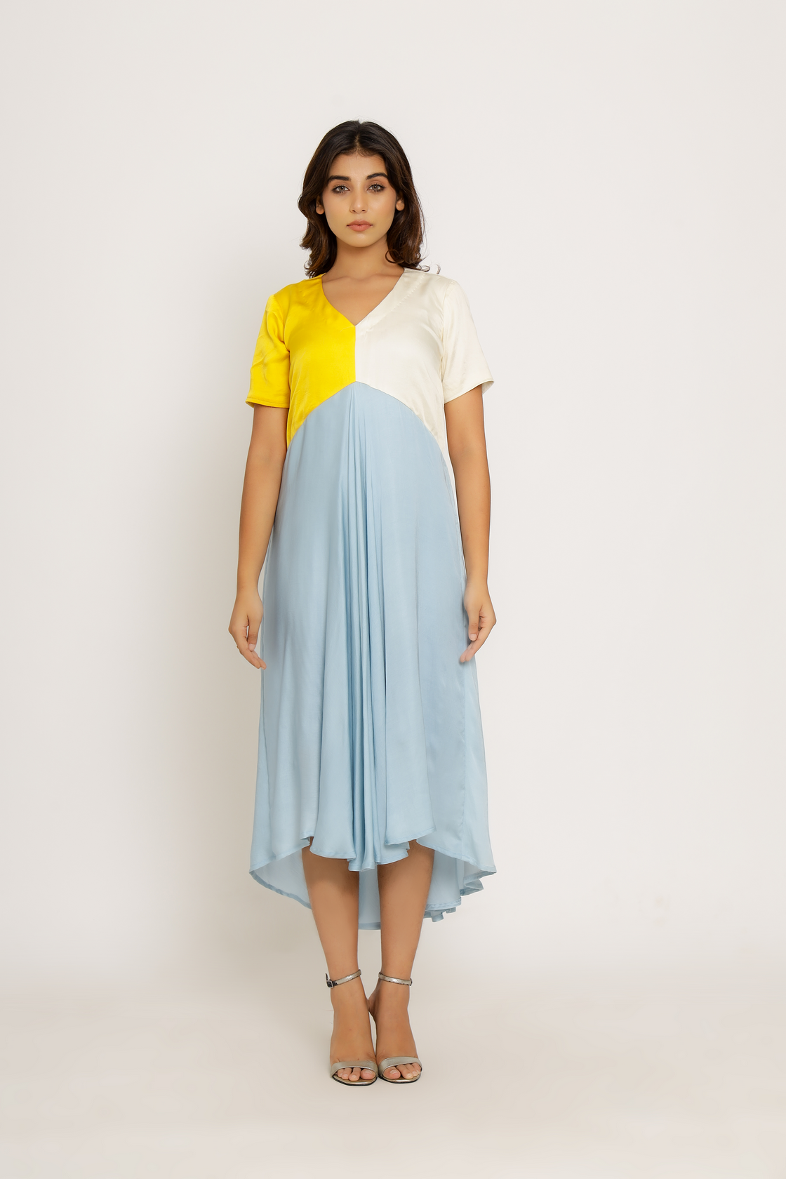 blue and yellow midi dress