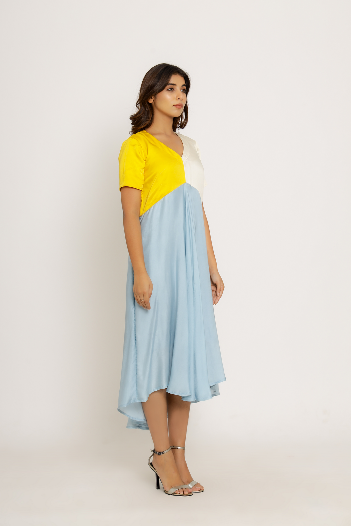 blue and yellow midi dress