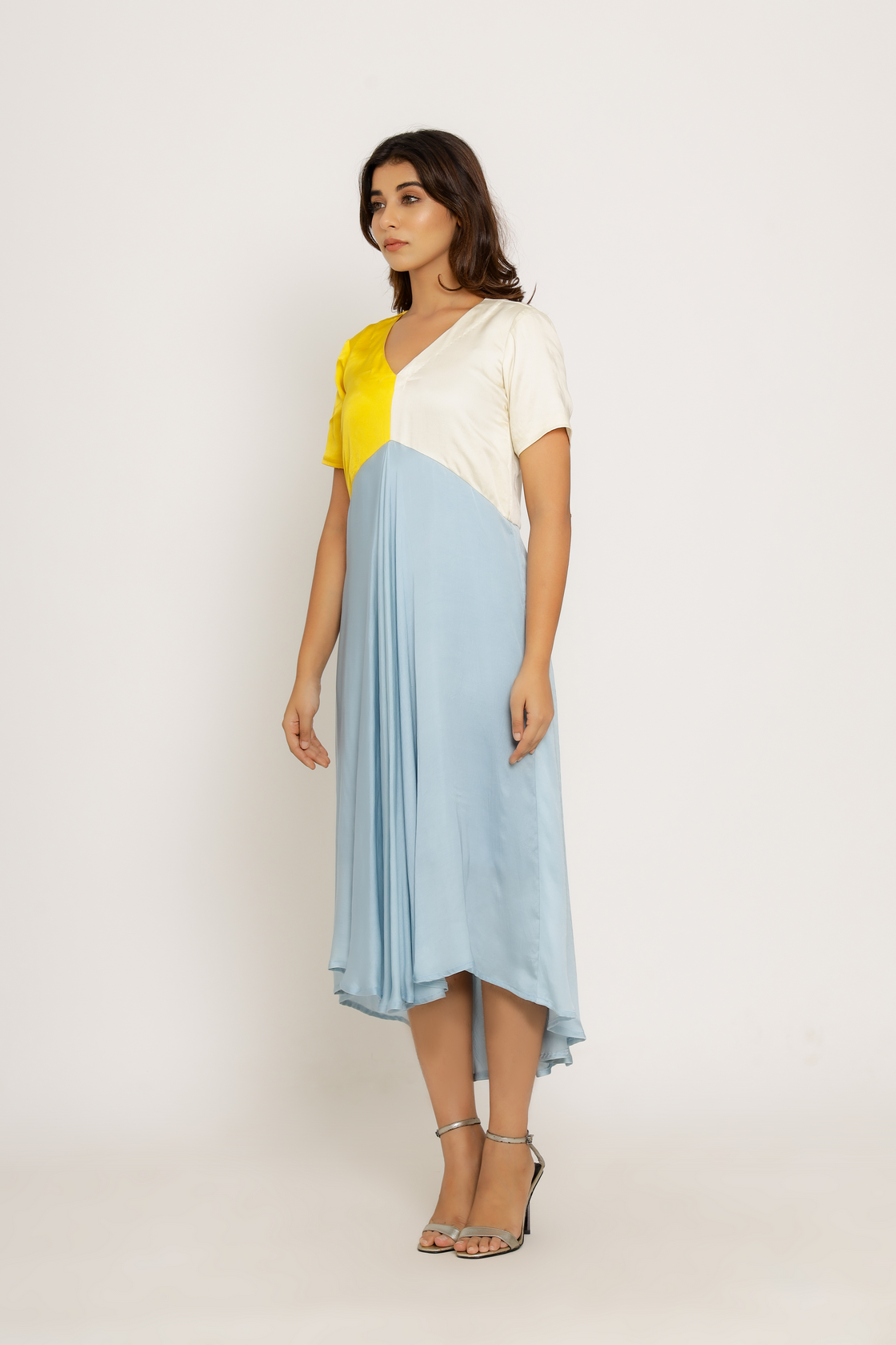 blue and yellow midi dress