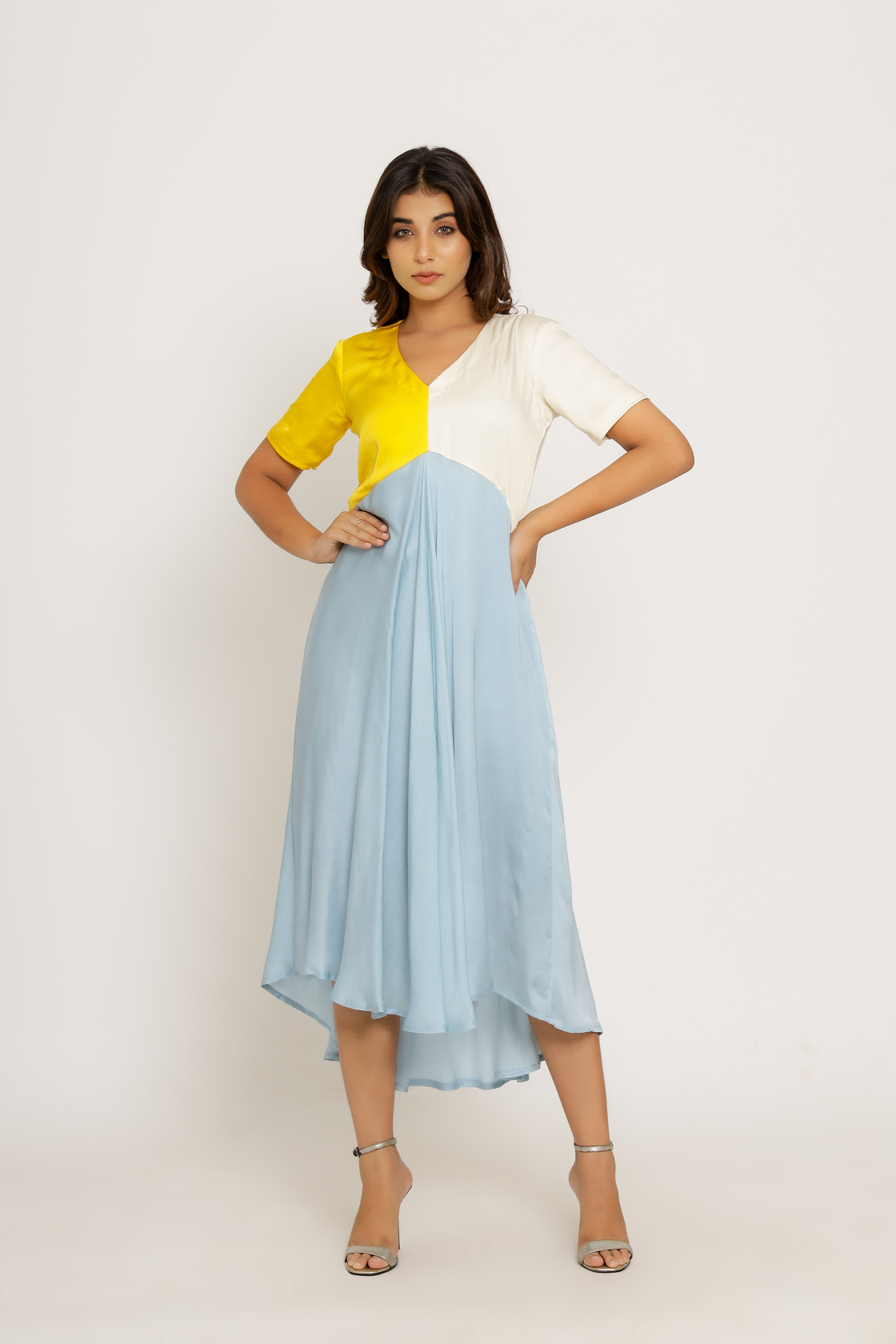 blue and yellow midi dress