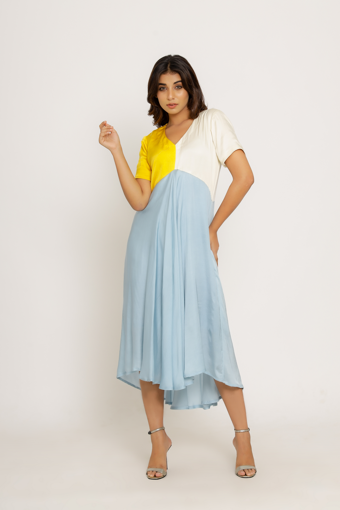 blue and yellow midi dress