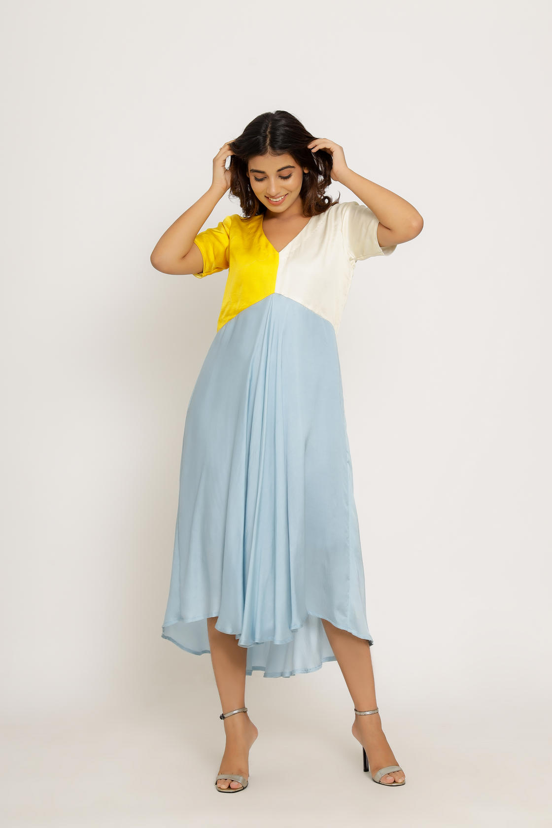 blue and yellow midi dress