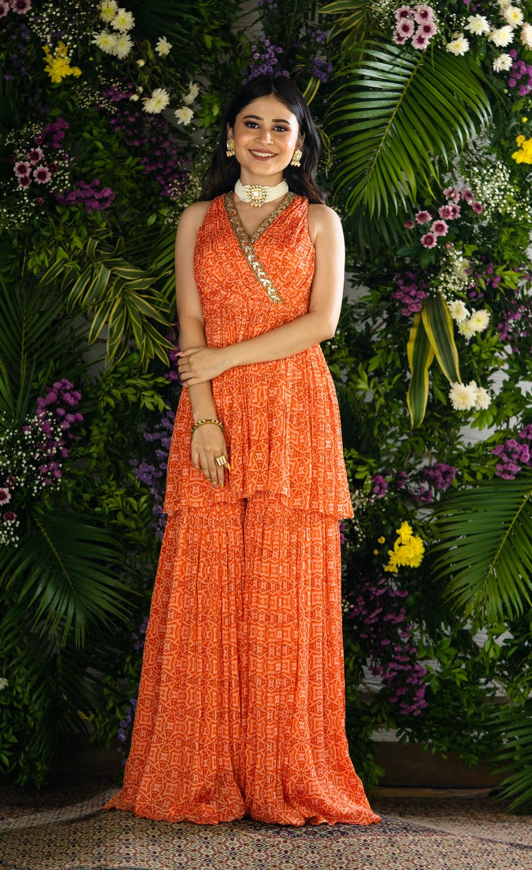 orange printed peplum kurta