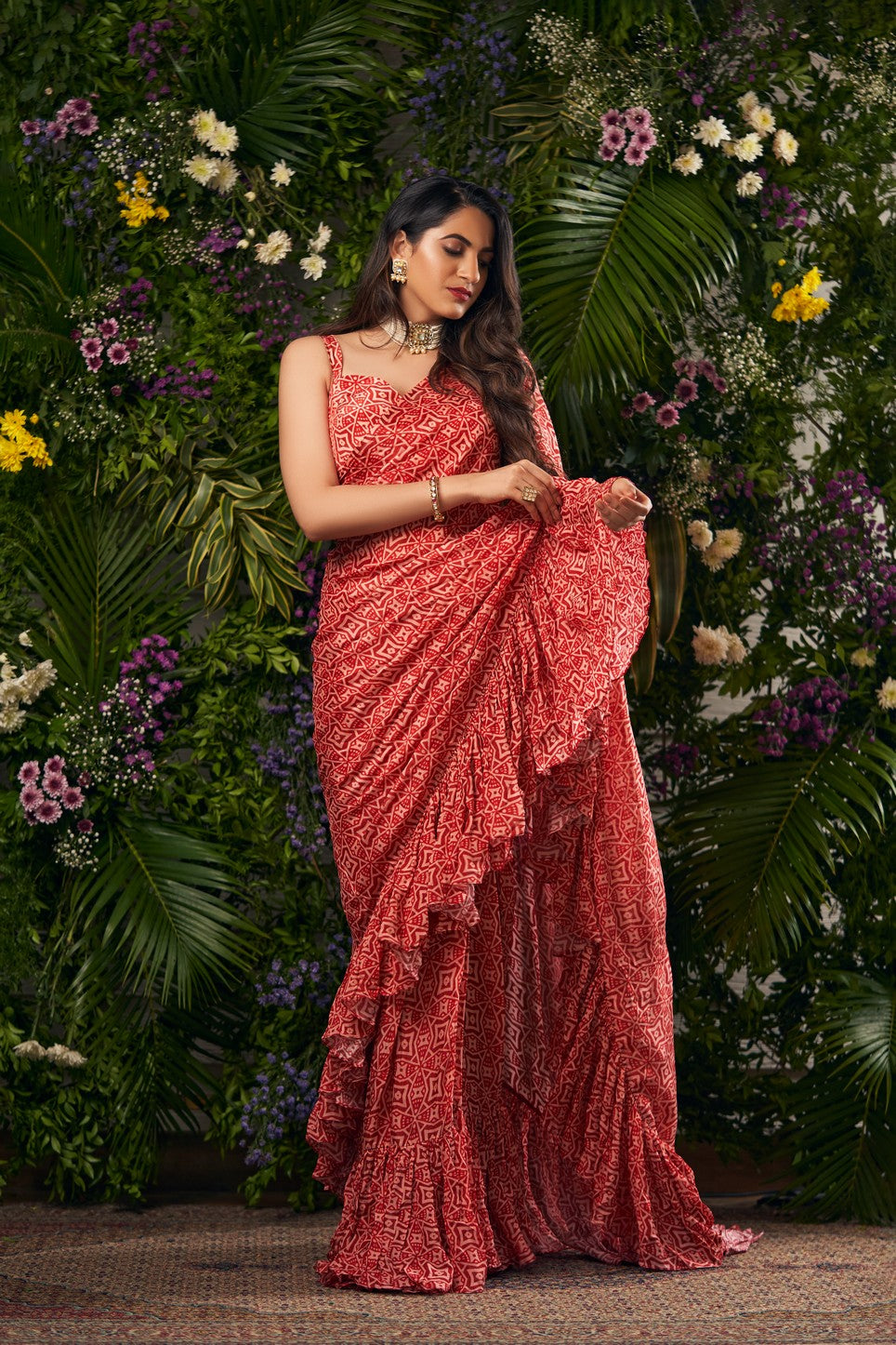 printed ruffle saree