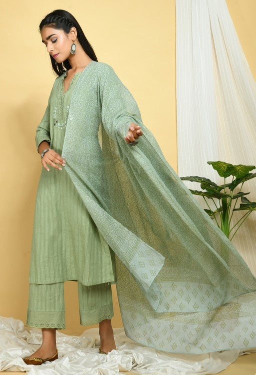 Sage Green Cotton Kurta Set of 3