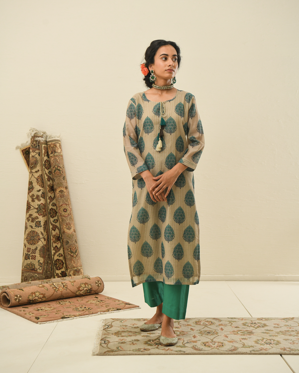 BEIGE STRAIGHT FIT PRINTED CHANDERI KURTA SET