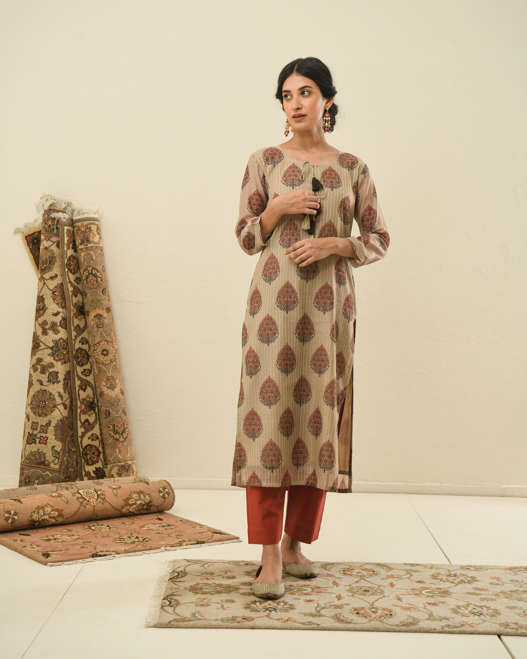 BEIGE STRAIGHT FIT PRINTED CHANDERI KURTA SET