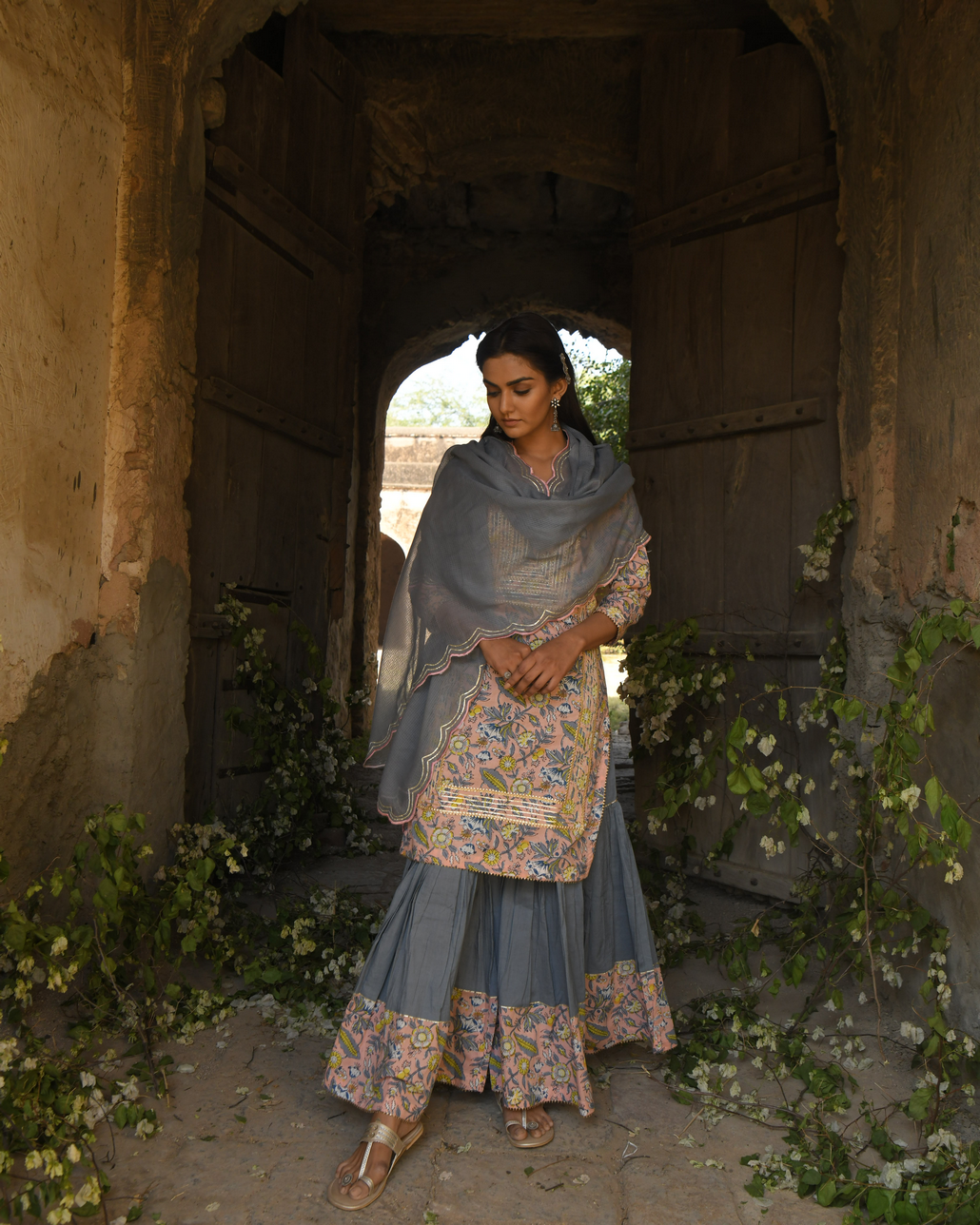 PINK GOTA PATTI WORK KURTA AND COTTON SHARARA