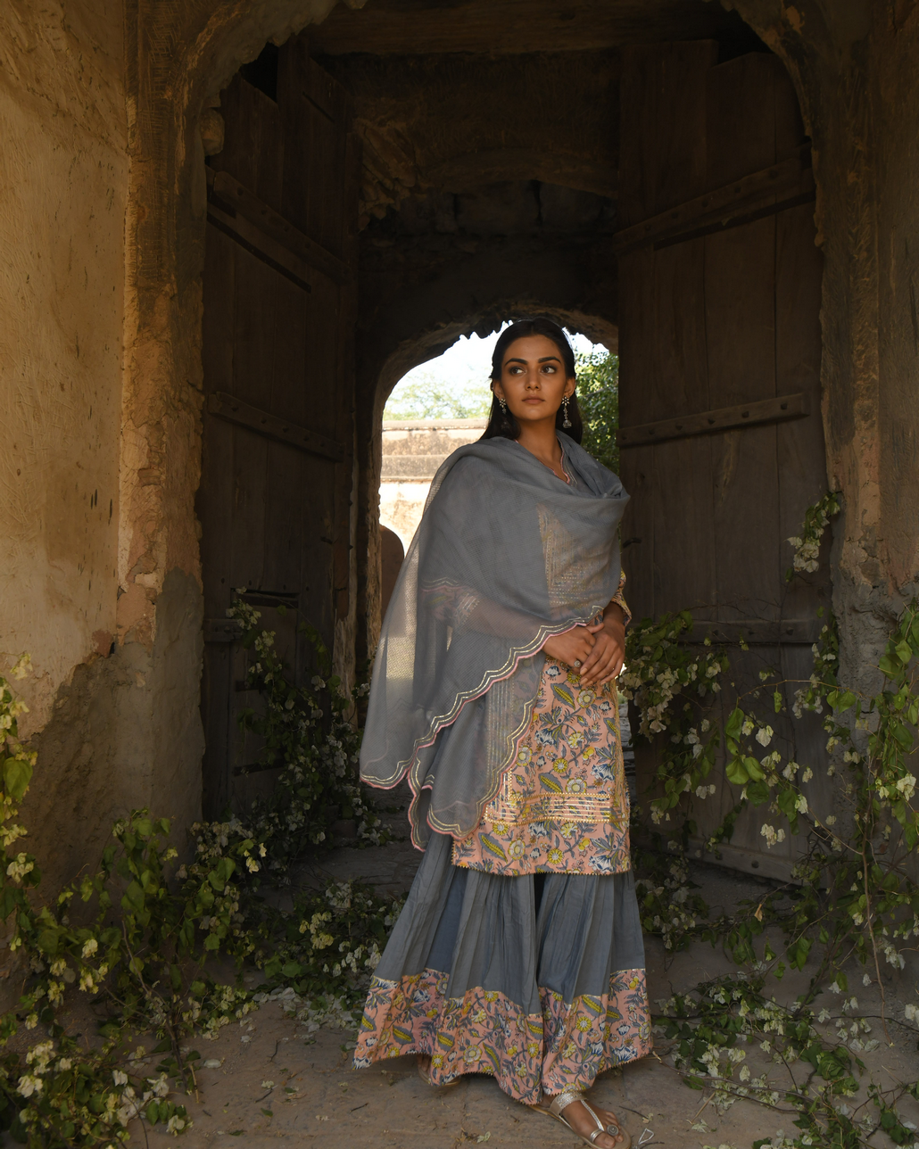 PINK GOTA PATTI WORK KURTA AND COTTON SHARARA