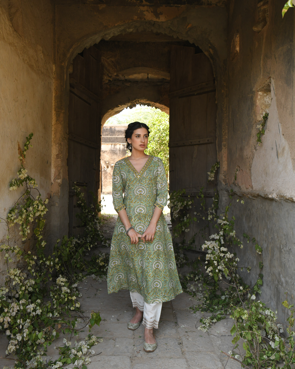 OLIVE GREEN HAND BLOCK PRINTED KURTA SET