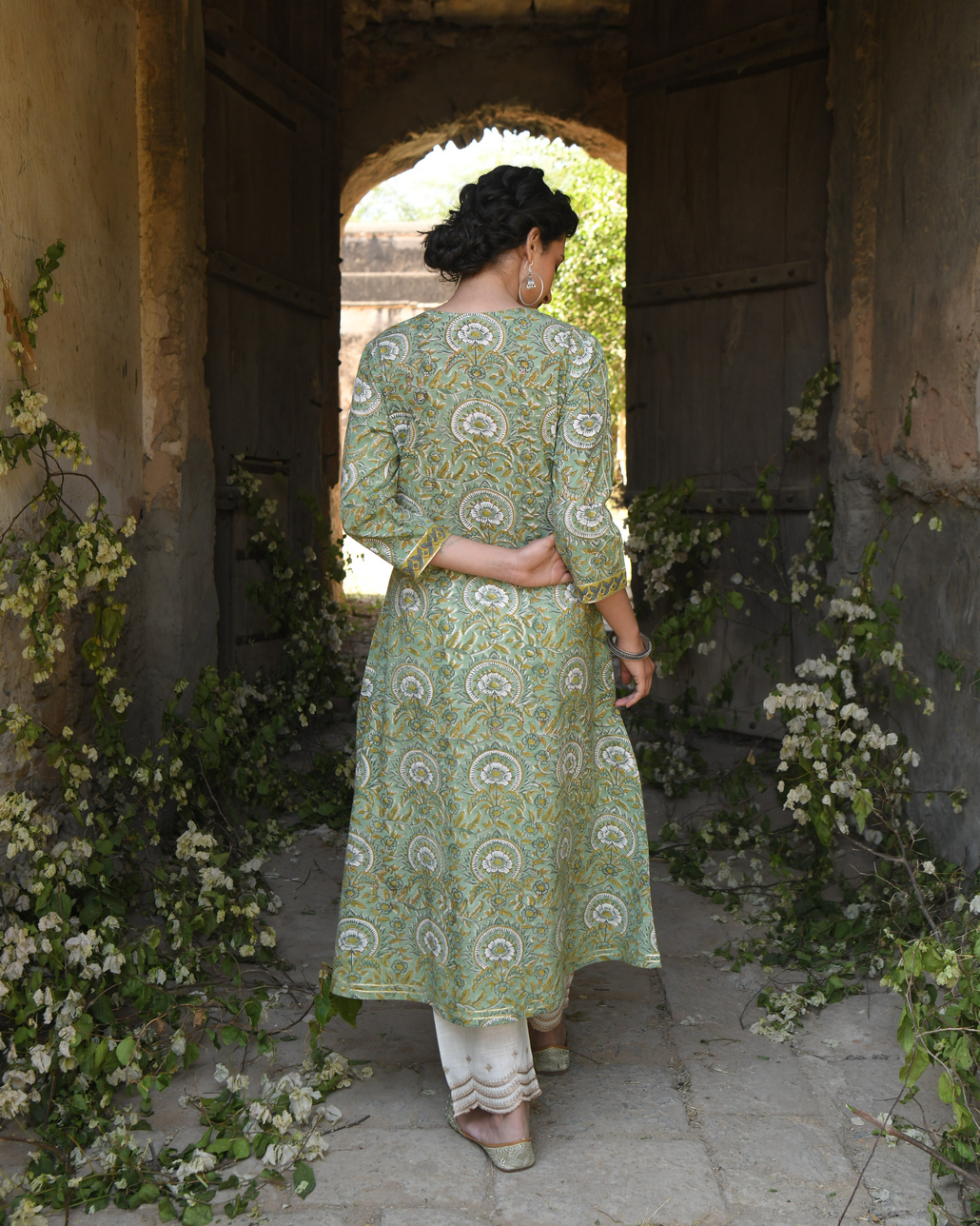 OLIVE GREEN HAND BLOCK PRINTED KURTA SET