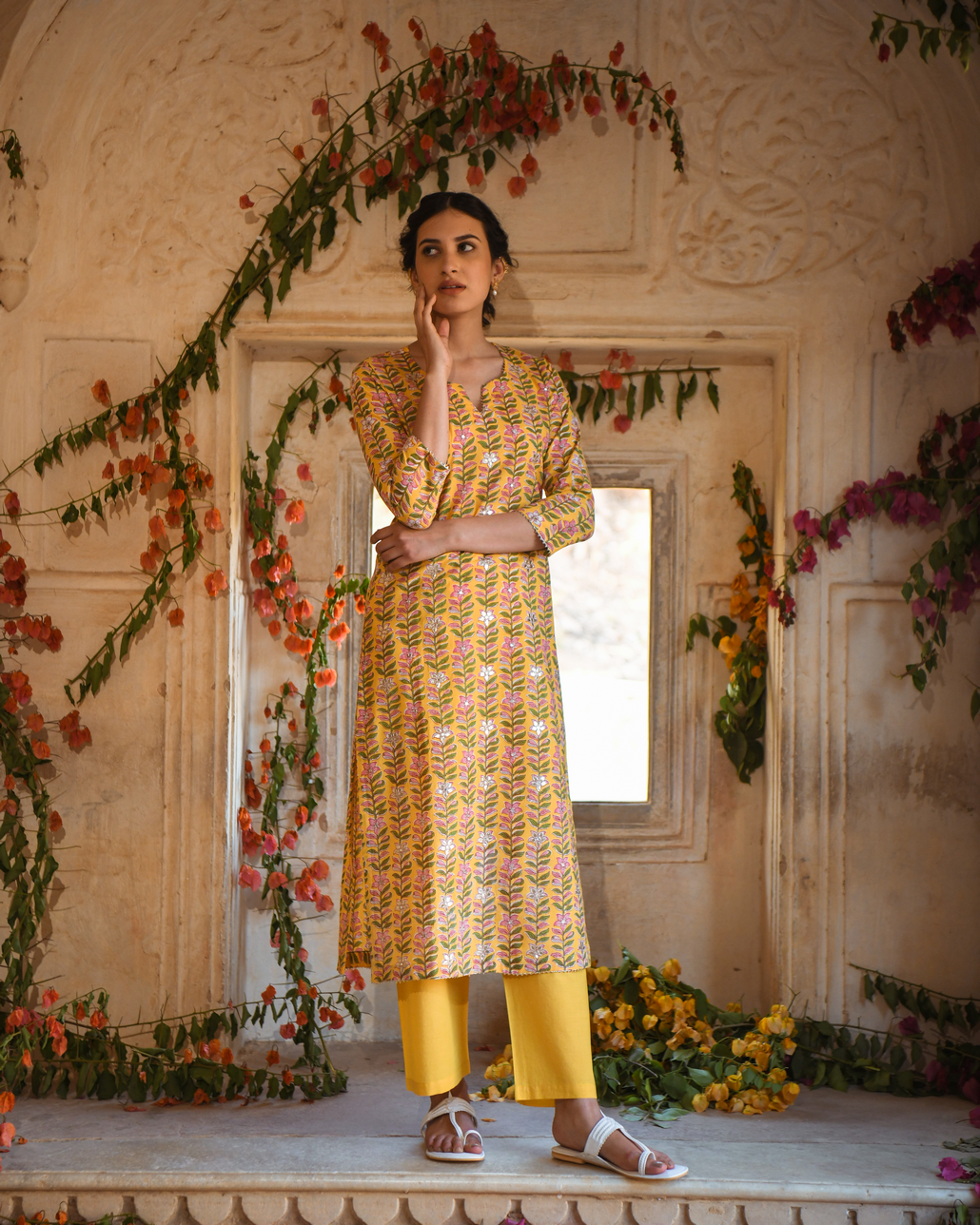 YELLOW BLOCK PRINTED KURTA SET