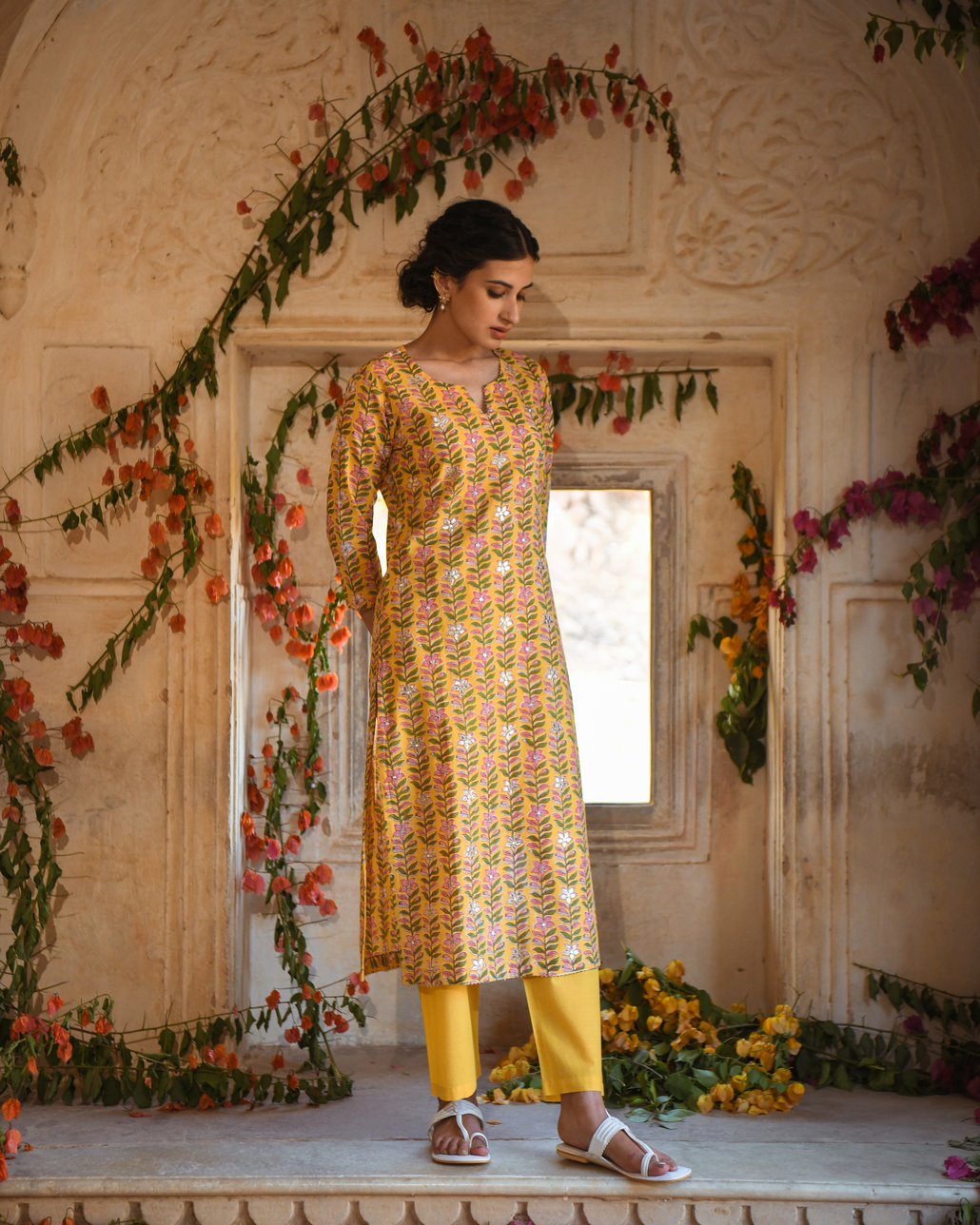 YELLOW BLOCK PRINTED KURTA SET