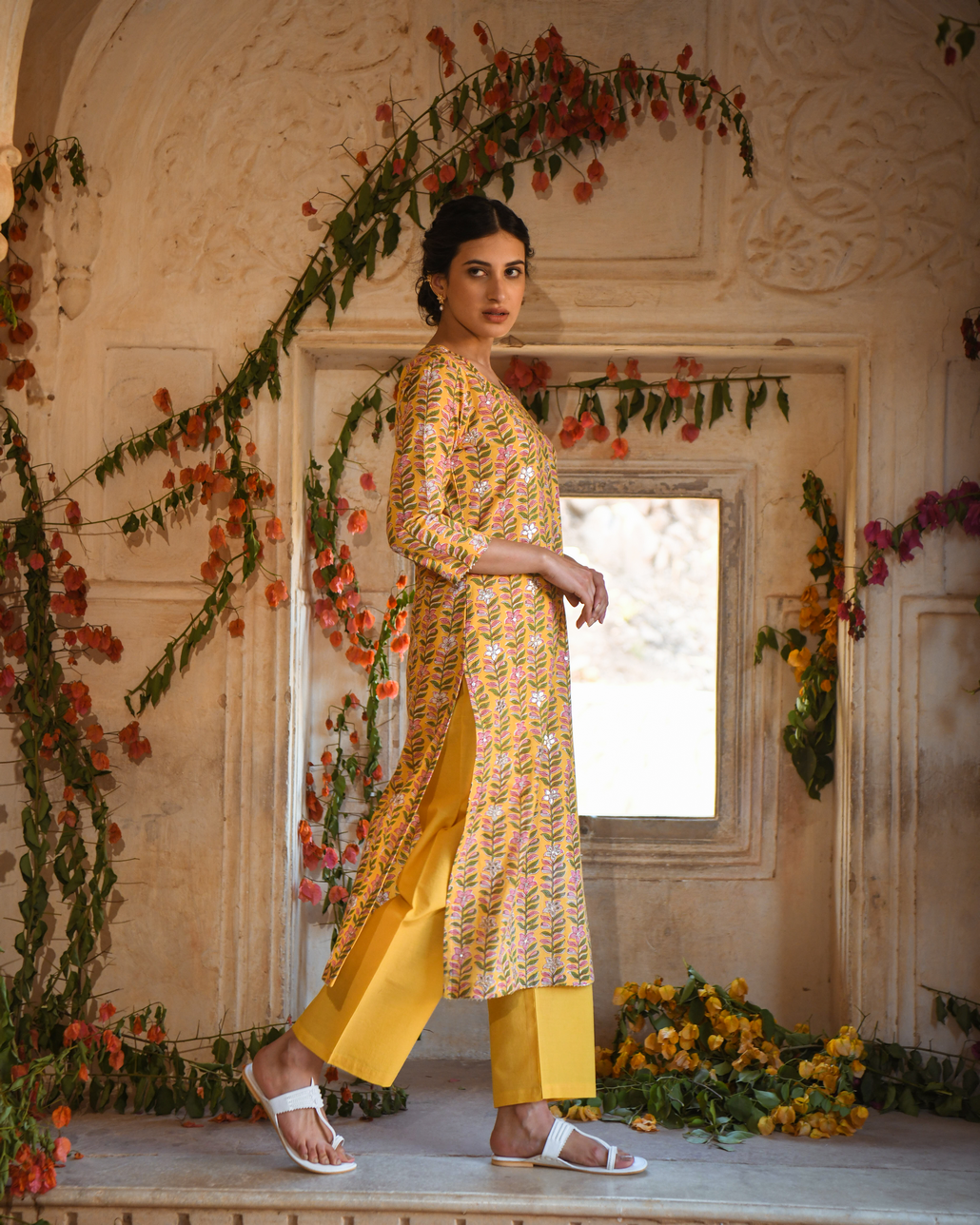 YELLOW BLOCK PRINTED KURTA SET