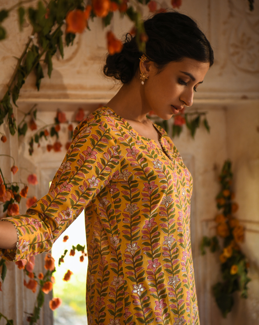 YELLOW BLOCK PRINTED KURTA SET