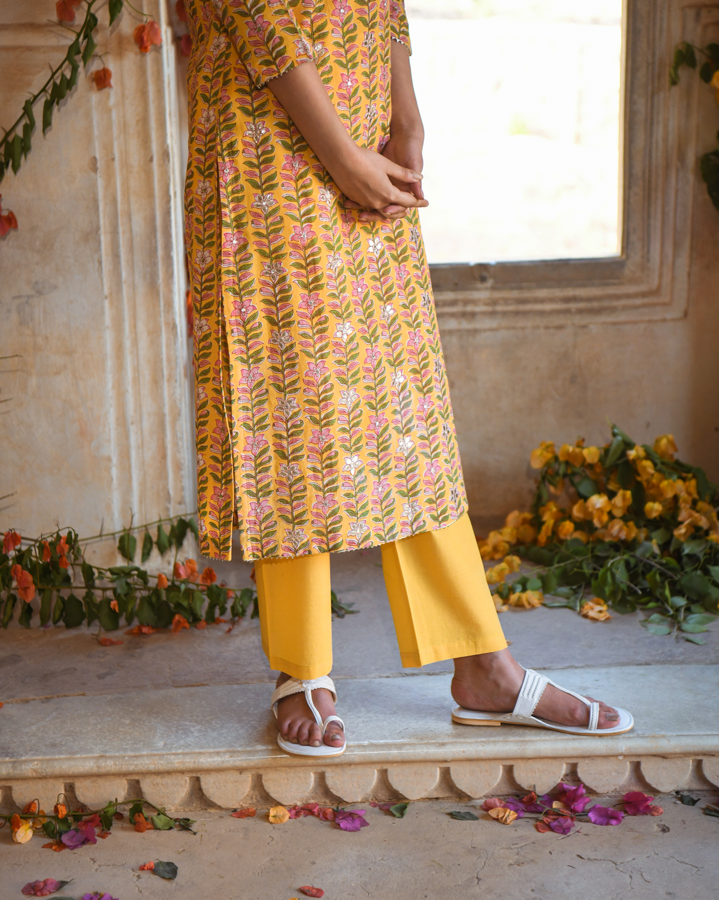 YELLOW BLOCK PRINTED KURTA SET