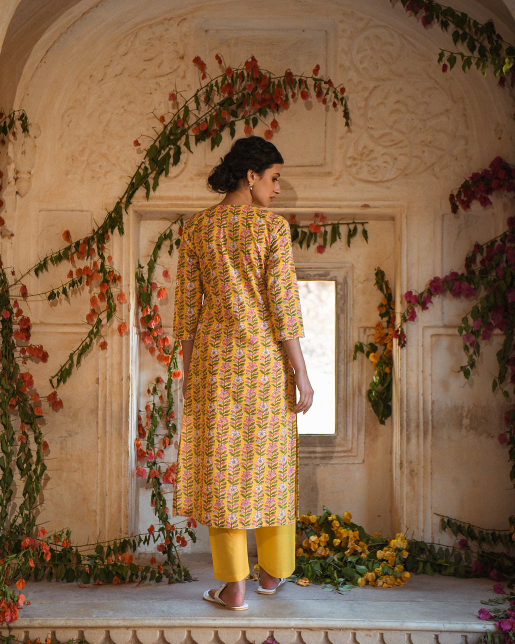 YELLOW BLOCK PRINTED KURTA SET