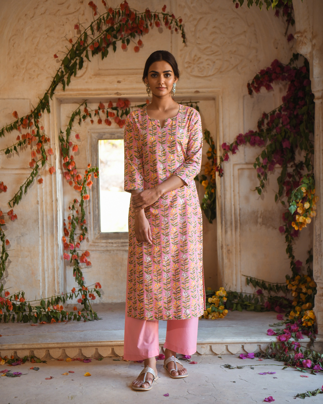 PINK BLOCK PRINTED KURTA SET