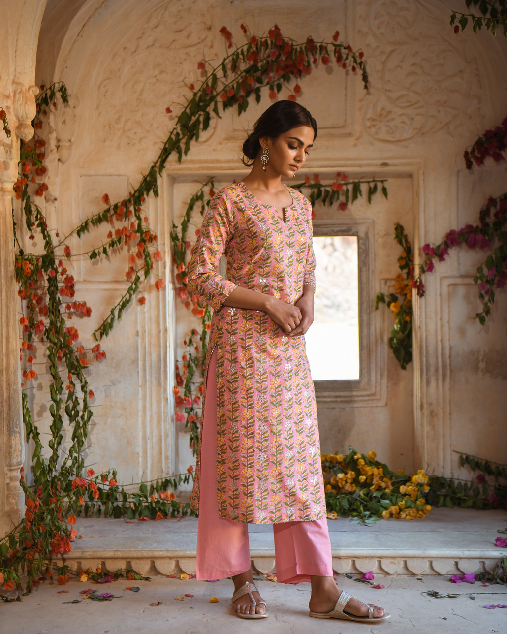 PINK BLOCK PRINTED KURTA SET