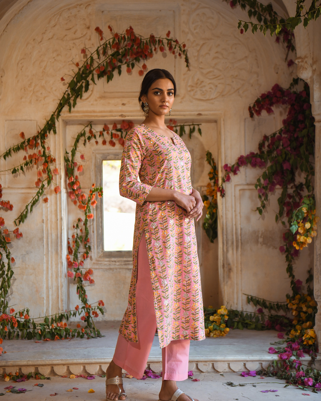 PINK BLOCK PRINTED KURTA SET