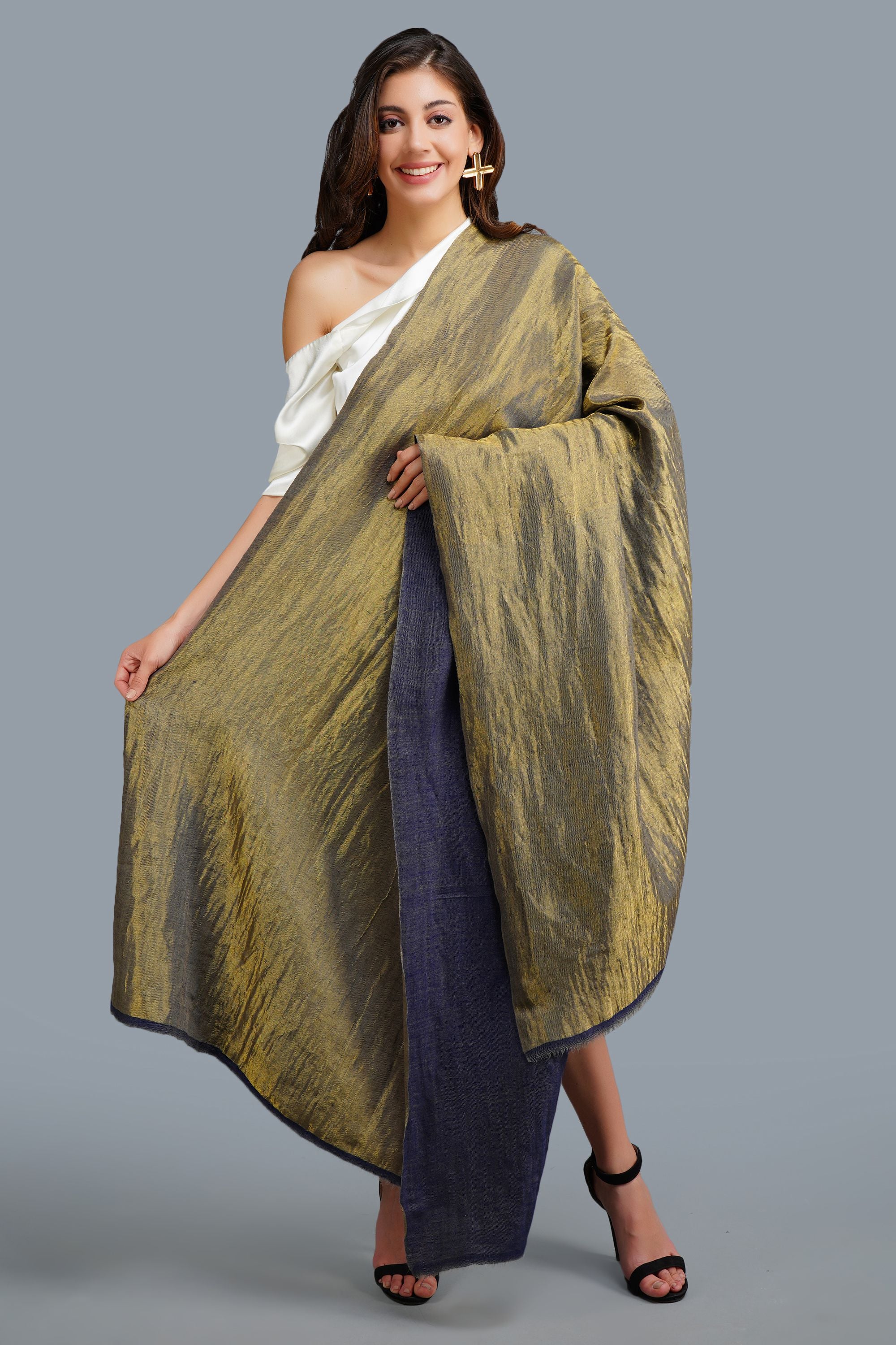 Golden Blue Reversible Handwoven Zari Shawl