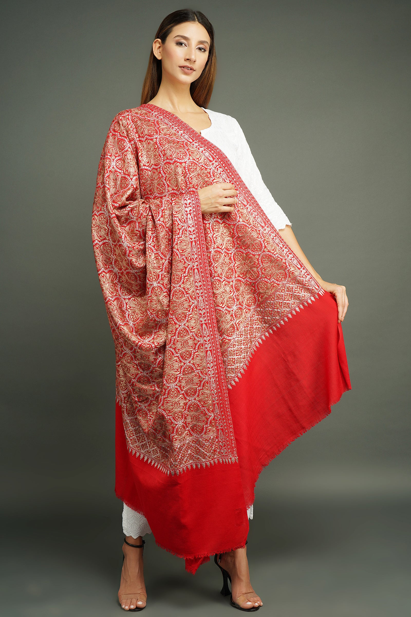 Pashmina blend in resham Aari thread work shawl