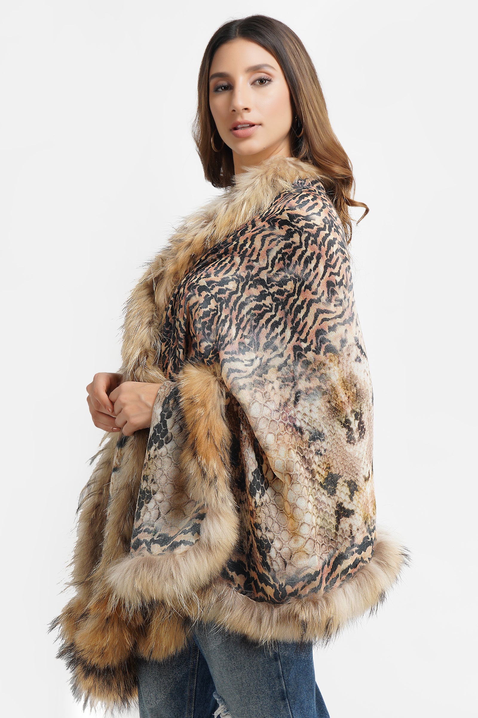 Pashmina fur border stole in animal print