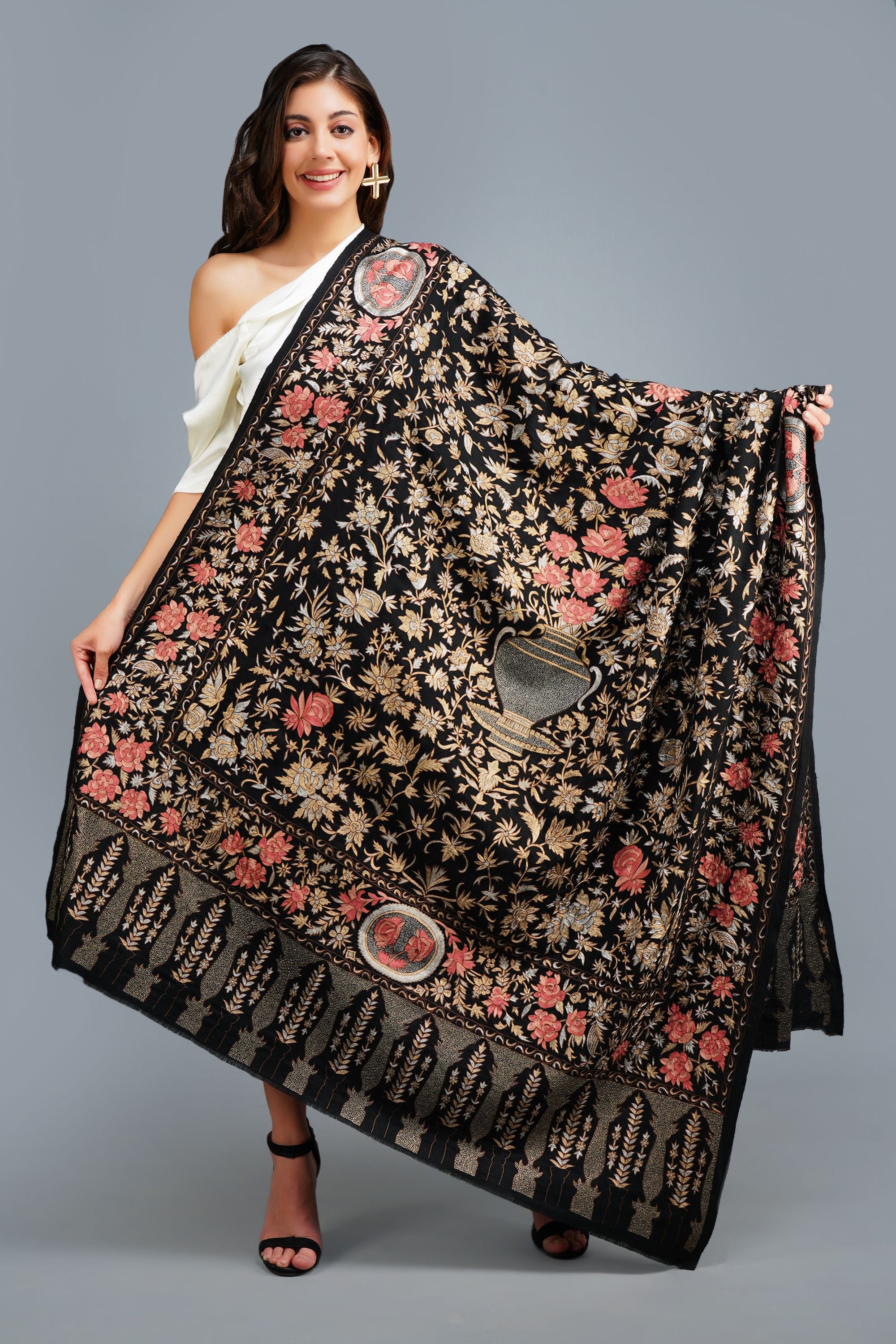 Pashmina handwoven kalamkari tila hand embroidery work