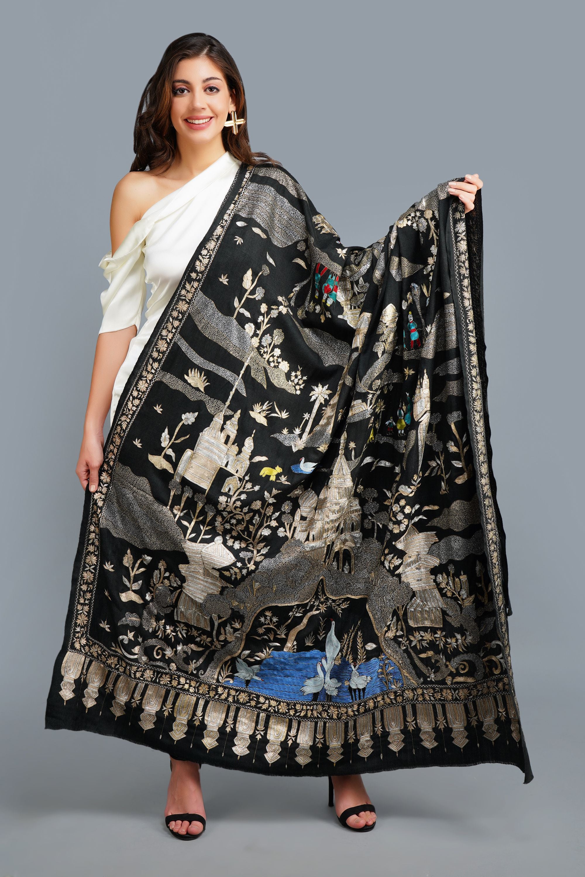 Pashmina handwoven kalamkari tila hand embroidery work