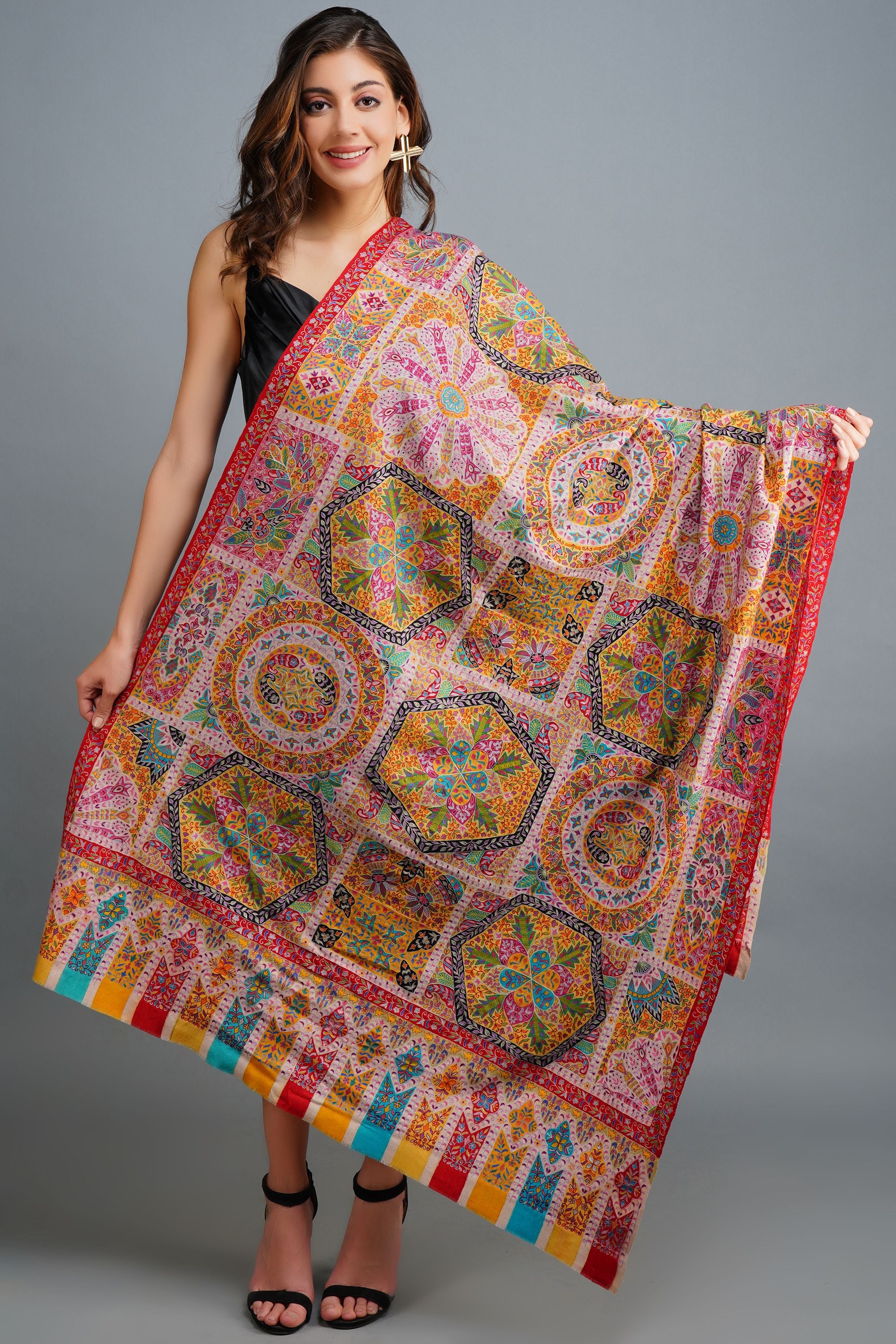 Pashmina kalamkaris, handwoven, handpainted, hand embroidered