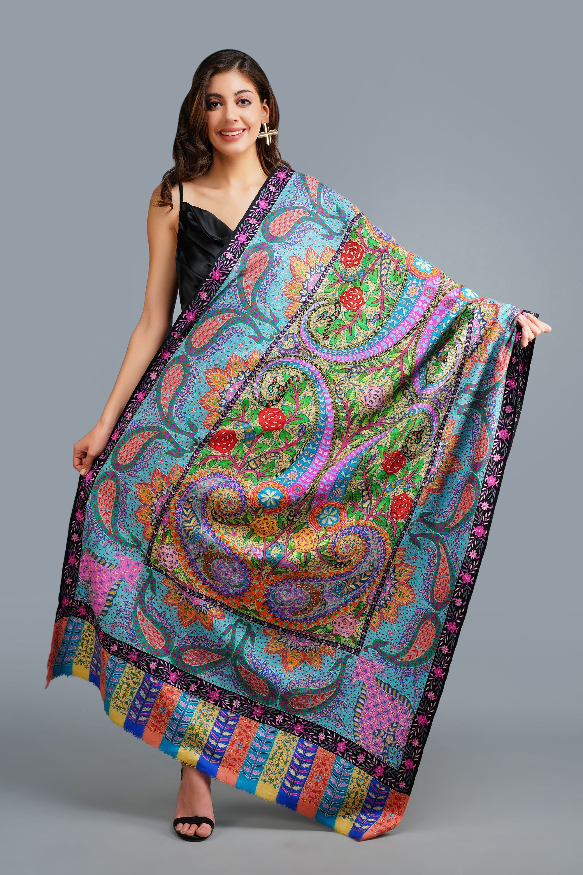 Pashmina kalamkaris, handwoven, handpainted, hand embroidered