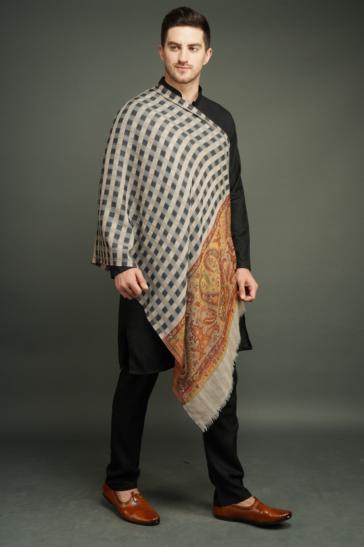 wool checkered stole with paisley design