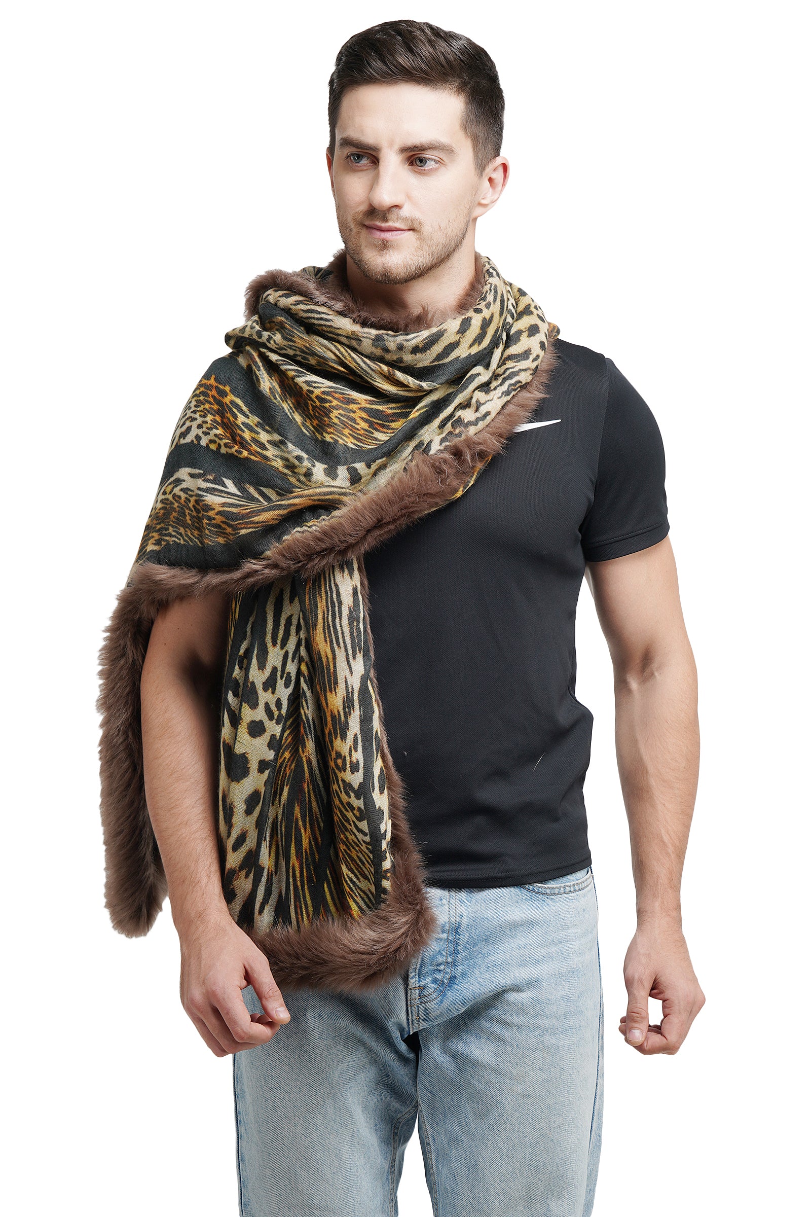 Fur stole and border with cashmere animal print