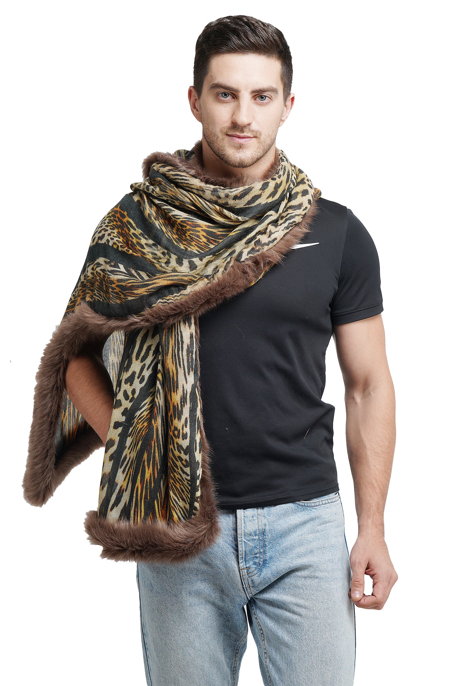 Fur stole and border with cashmere animal print